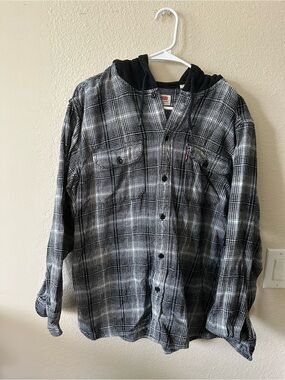 Levi's Men's Black & White Plaid Hooded Flannel Shirt Jacket size XL/ NWOT 1295